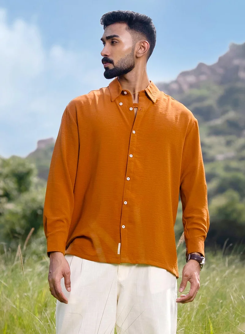 Men's Rust Orange Breezy Wrinked Shirt For Casual Wear | Spread Collar | Long Cuffed Sleeves | Button Closure | Shirt Crafted With Comfort Fit For Everyday Wear